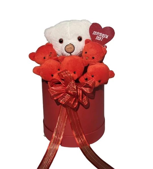 Premium Özel Hediye Kutuda  Beyaz Ayıcık ve  Kırmızı Peluş Ayıcık Buketi, Sevgiliye, Doğum Gününe Hediye - 4