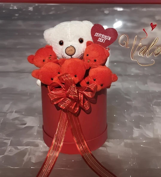 Premium Özel Hediye Kutuda  Beyaz Ayıcık ve  Kırmızı Peluş Ayıcık Buketi, Sevgiliye, Doğum Gününe Hediye - 8