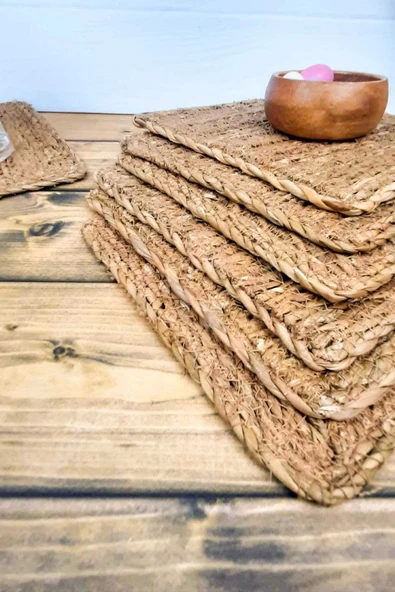 Runa - 4 Adet Dekoratif Doğal El Yapımı % 100 Örme Hasır Kare Nihale 20 Cm, Tencere Altlığı Yanmaz - 6