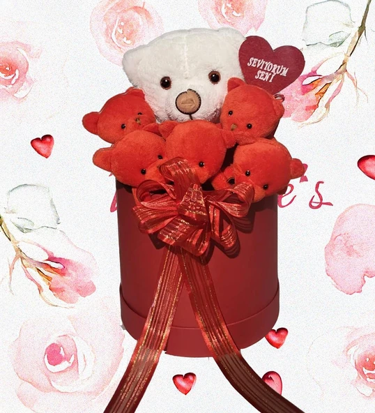 Premium Özel Hediye Kutuda  Beyaz Ayıcık ve  Kırmızı Peluş Ayıcık Buketi, Sevgiliye, Doğum Gününe Hediye