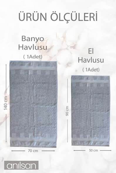 2'li Veta Havlu Seti %100 Pamuk - 1 Adet El Havlusu 50x90 Ve 1 Adet Banyo Havlusu 70x140 - 4