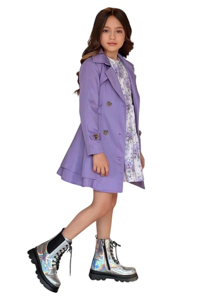 Kız Çocuk Çiçek Desenli Piliseli Lila Trençkotlu Elbise - Resim 6