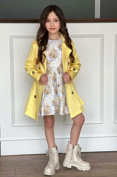 Kız Çocuk Çiçek Desenli Piliseli Limon Sarısı Trençkotlu Elbise ürün görseli