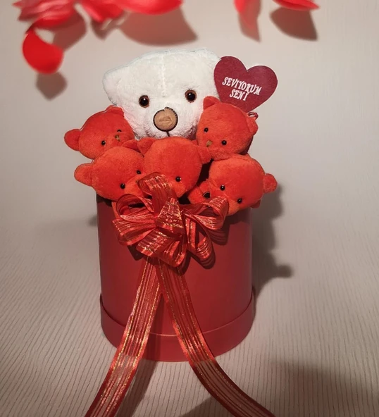 Premium Özel Hediye Kutuda  Beyaz Ayıcık ve  Kırmızı Peluş Ayıcık Buketi, Sevgiliye, Doğum Gününe Hediye - 9