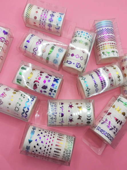 Renkli Yaldızlı Vintage Washi Tape Bant Yapışkanlı Maskeleme Kağıdı 5 lı - Yıldız - 2