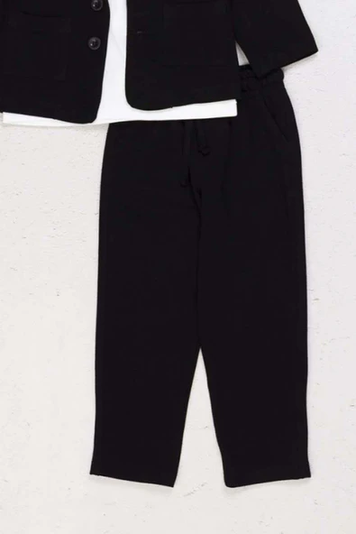 Erkek Çocuk Kruvaze Yaka Kesim Çift Cepli Keten Blazer Ceket Penye T-Shirt Siyah Keten Alt Üst Takı - Resim 5