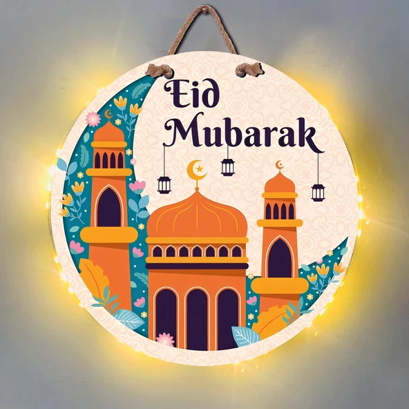 Bebeloya Led Işıklı Ramazan Hediyesi Eid Mubarak Kapı Süsü ve Duvar Dekor Ahşap Tasarım