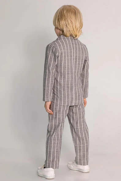 Erkek Çocuk Kruvaze Yaka Kesim Çizgili Keten Blazer Ceket Penye T-Shirt Füme Keten Alt Üst Takım - Resim 2
