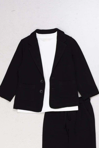 Erkek Çocuk Kruvaze Yaka Kesim Çift Cepli Keten Blazer Ceket Penye T-Shirt Siyah Keten Alt Üst Takı - Resim 4