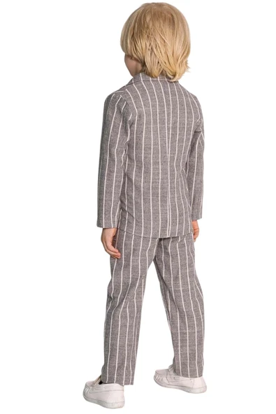 Erkek Çocuk Kruvaze Yaka Kesim Çizgili Keten Blazer Ceket Penye T-Shirt Füme Keten Alt Üst Takım - Resim 9
