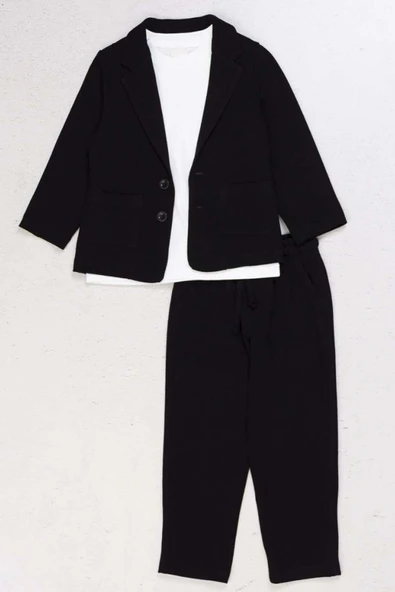 Erkek Çocuk Kruvaze Yaka Kesim Çift Cepli Keten Blazer Ceket Penye T-Shirt Siyah Keten Alt Üst Takı - Resim 2