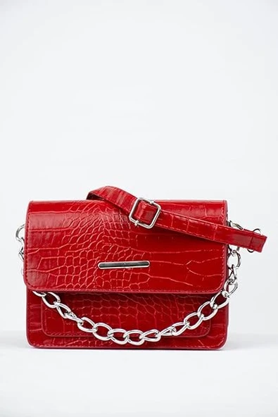 Kırmızı Kadın Timsah Desenli Clutch Baget Çanta