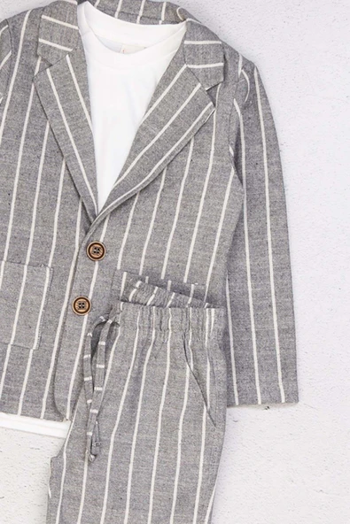 Erkek Çocuk Kruvaze Yaka Kesim Çizgili Keten Blazer Ceket Penye T-Shirt Füme Keten Alt Üst Takım - 3