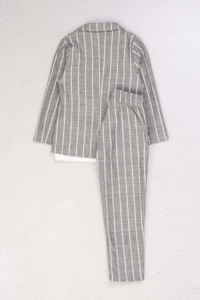 Erkek Çocuk Kruvaze Yaka Kesim Çizgili Keten Blazer Ceket Penye T-Shirt Füme Keten Alt Üst Takım - Resim 5
