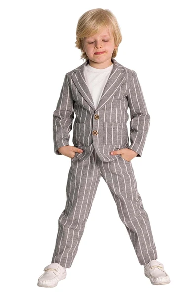 Erkek Çocuk Kruvaze Yaka Kesim Çizgili Keten Blazer Ceket Penye T-Shirt Füme Keten Alt Üst Takım - Resim 7