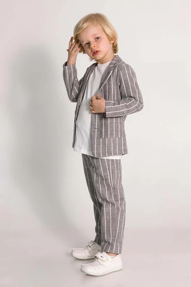 Erkek Çocuk Kruvaze Yaka Kesim Çizgili Keten Blazer Ceket Penye T-Shirt Füme Keten Alt Üst Takım - Resim 3