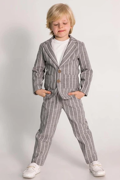 Erkek Çocuk Kruvaze Yaka Kesim Çizgili Keten Blazer Ceket Penye T-Shirt Füme Keten Alt Üst Takım - 4