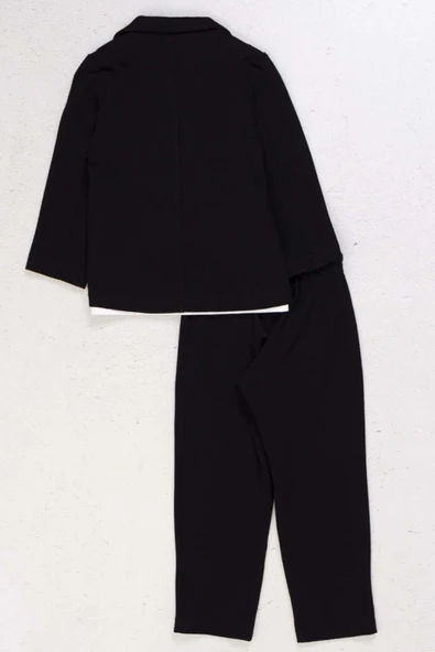 Erkek Çocuk Kruvaze Yaka Kesim Çift Cepli Keten Blazer Ceket Penye T-Shirt Siyah Keten Alt Üst Takı - Resim 3