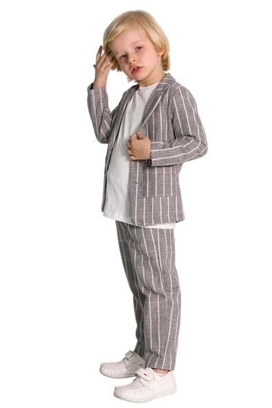 Erkek Çocuk Kruvaze Yaka Kesim Çizgili Keten Blazer Ceket Penye T-Shirt Füme Keten Alt Üst Takım - Resim 8