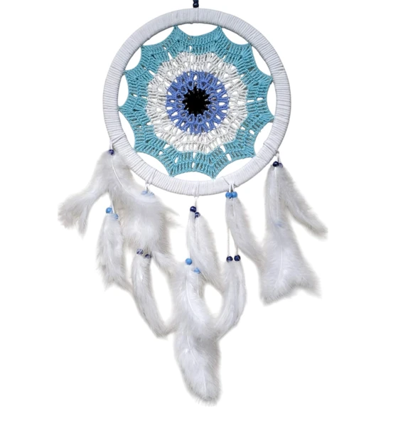 Su Yeşili Renginde Nazar Motifli Kuş Tüylü Duvar Süsü - Resim 2