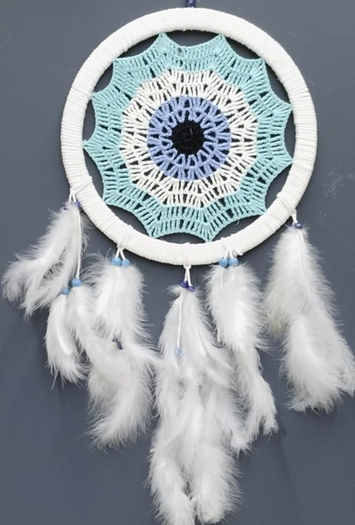 Su Yeşili Renginde Nazar Motifli Kuş Tüylü Duvar Süsü ürün görseli