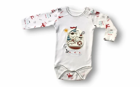 Minik Korsan Nakışlı Şapkalı Uzun Kollu Zıbınlı 3lü Kız-erkek Bebek Takımı Ekru - Resim 2