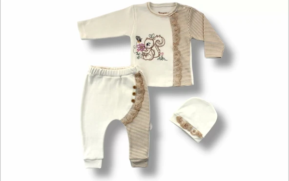 Minik Sincap Nakışlı Şapkalı Uzun Kollu Sweatli 3lü Kız Bebek Takımı Kahverengi