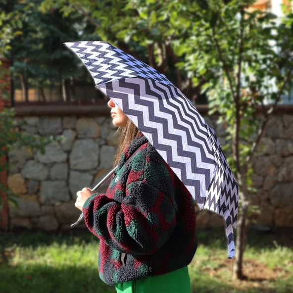 Biggdesign Moods Up Siyah Beyaz Zikzaklı Manuel Mini Şemsiye - Rüzgara Dayanıklı, Hafif, Renkli Tasarım - 4