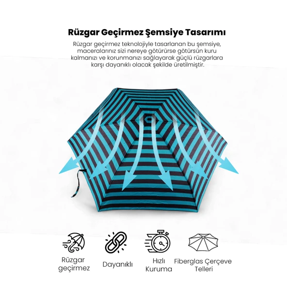 Biggdesign Moods Up Siyah Yeşil Çizgili Manuel Mini Şemsiye - Rüzgara Dayanıklı, Hafif, Renkli Tasarım - 7