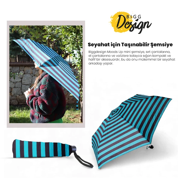 Biggdesign Moods Up Siyah Yeşil Çizgili Manuel Mini Şemsiye - Rüzgara Dayanıklı, Hafif, Renkli Tasarım - 6