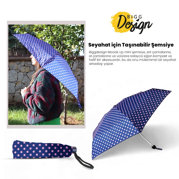 Biggdesign Moods Up Pembe Puantiyeli Lacivert Manuel Mini Şemsiye - Rüzgara Dayanıklı, Hafif, Renkli Tasarım - 6