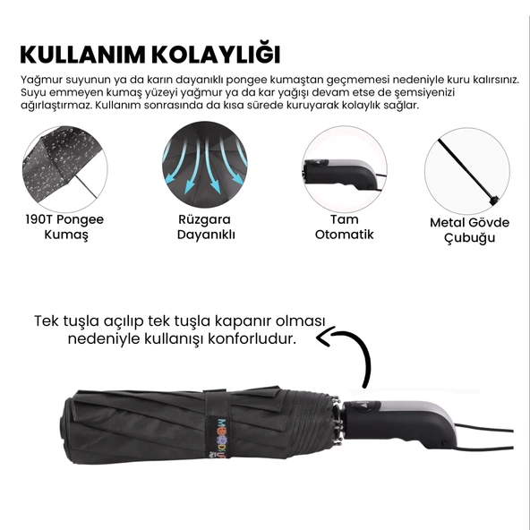 Biggdesign Moods Up Premium Gri Otomatik Şemsiye, Rüzgara Dayanıklı, Hızlı Kuruyan, Hafif, Kılıflı - 3