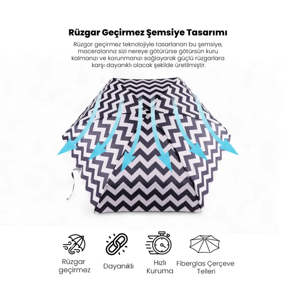 Biggdesign Moods Up Siyah Beyaz Zikzaklı Manuel Mini Şemsiye - Rüzgara Dayanıklı, Hafif, Renkli Tasarım - 7