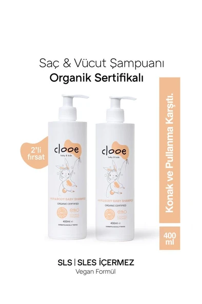 Clooe Organik Bebek & Çocuk Saç, Vücut Şampuanı (400ml) - 2'li Fırsat Paketi