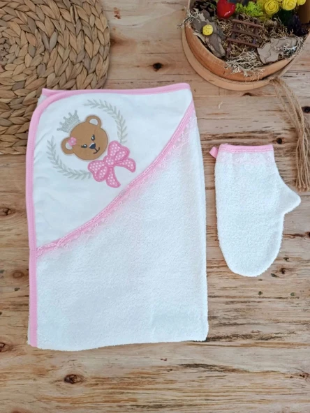 Bear Nakışlı Pareolu 4lü Kız Bebek Havlu Silgi Takımı Pembe - Resim 4