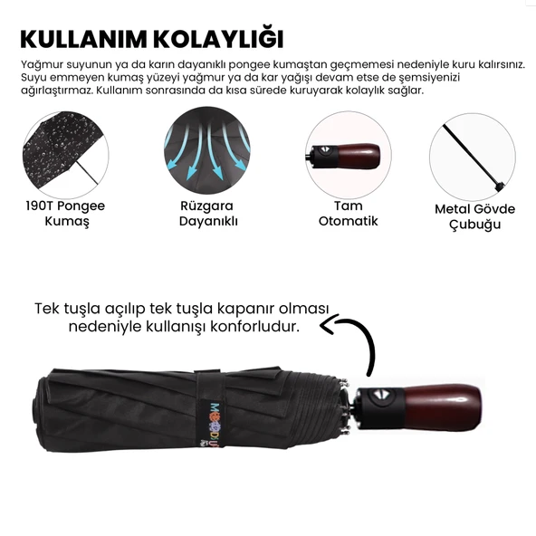Biggdesign Moods Up Premium Ahşap Saplı Siyah Otomatik Şemsiye, Rüzgara Dayanıklı, Hızlı Kuruyan - 2