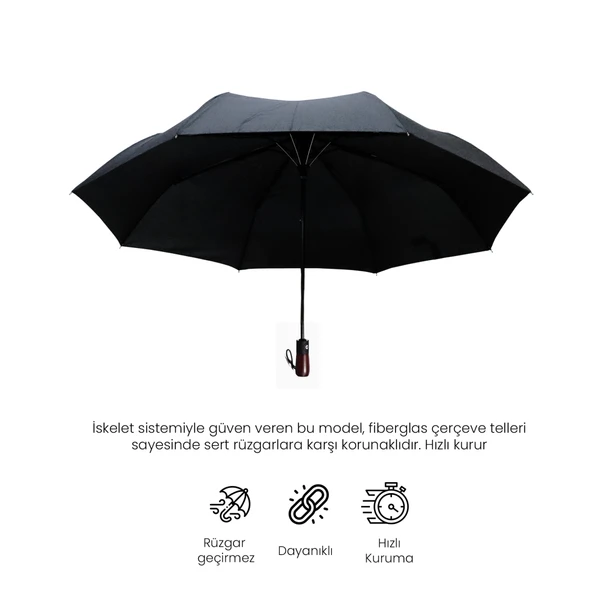 Biggdesign Moods Up Premium Ahşap Saplı Siyah Otomatik Şemsiye, Rüzgara Dayanıklı, Hızlı Kuruyan - 3
