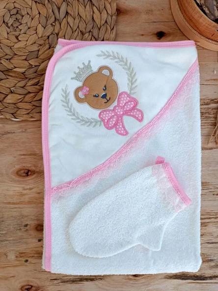 Bear Nakışlı Pareolu 4lü Kız Bebek Havlu Silgi Takımı Pembe - Resim 2