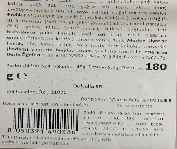 Dolcella Collection Çeşnili Sütlü Çikolata 180 Gr. (1 Paket) - 2