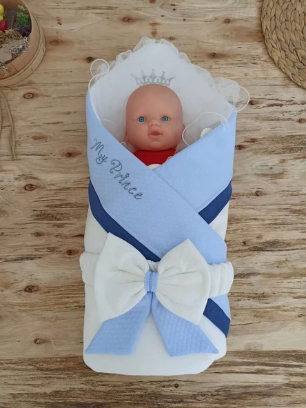 Yenidoğan Bal Peteği My Prince Taç Nakışlı Delüks Kundak Bebek Battaniyesi Mavi - Resim 2