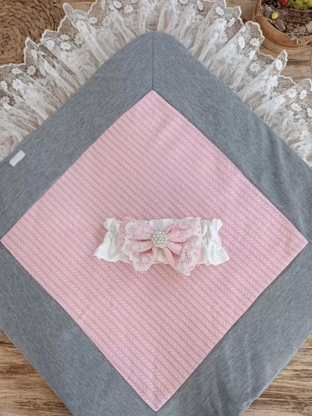 Yenidoğan Teri Cotton Taç Nakışlı Prizma Taş Kundak Bebek Battaniyesi Pembe - 4