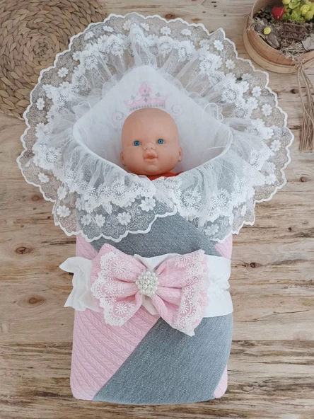 Yenidoğan Teri Cotton Taç Nakışlı Prizma Taş Kundak Bebek Battaniyesi Pembe - 2
