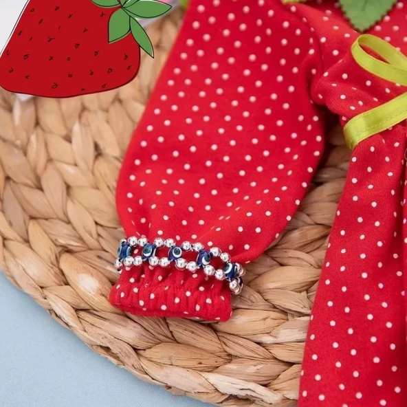 Çilek Bebekler Penye Kumaş Şapkalı Bileklik Hediyeli Uzun Kollu Kız Erkek Bebek Tulumu Kırmızı - Resim 3