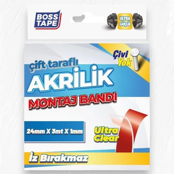 Boss Tape Çift Taraflı Akrilik Montaj Bandı- 24mmx3mt Şeffaf