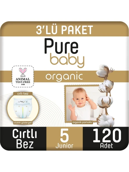 Pure Baby Organik Pamuklu 5 Numara Junior 120'li Bebek Bezi