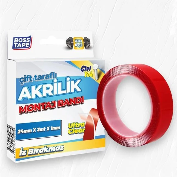 Boss Tape Çift Taraflı Akrilik Montaj Bandı- 24mmx3mt Şeffaf - 2