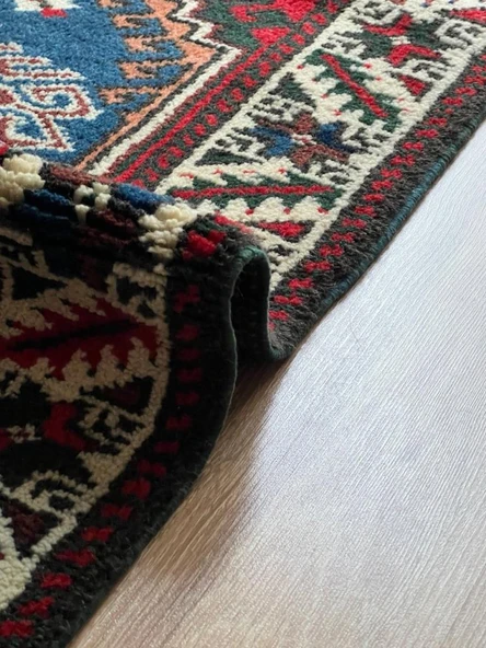 88x174 cm Vintage Mavi Halı, El Dokuma Renkli Oryantal Kilim, Mavi-Kırmızı Nostaljik Uşak Halısı - 6