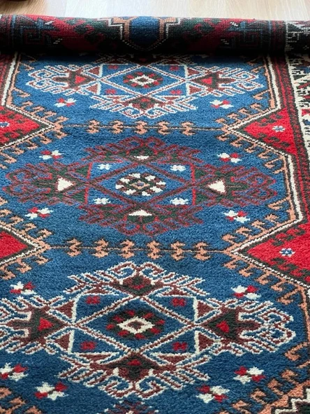 88x174 cm Vintage Mavi Halı, El Dokuma Renkli Oryantal Kilim, Mavi-Kırmızı Nostaljik Uşak Halısı - 3