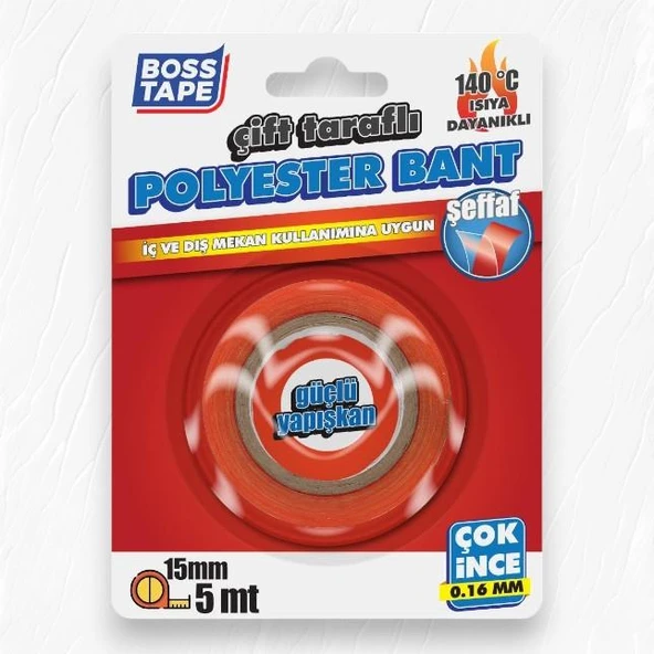 Boss Tape Çift Taraflı Polyester Bant 15mm-5mt 140 °C Isıya Dayanıklı