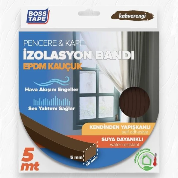 Boss Tape EPDM Kauçuk Pencere Kapı İzolasyon Bandı 5mmX15mmX5mt Kahverengi